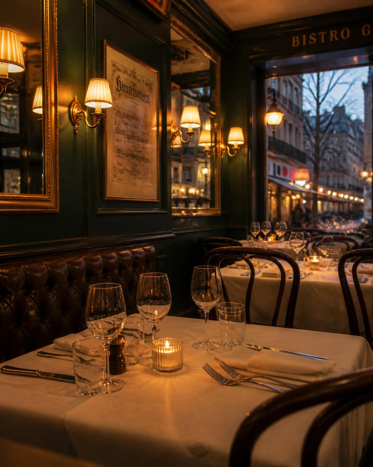 A candlelit Parisian bistro interior in the evening